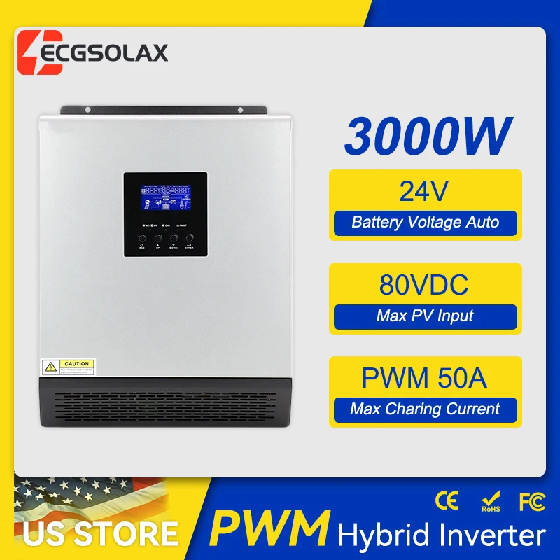 ECGSOLAX 3KVA PS‑3K 120V Hybrid Solar Inverter Charger 24V DC to 120V AC Pure Sine Wave Off‑Grid Inverter Built‑in Solar & AC Battery Charger for Home Power Backup