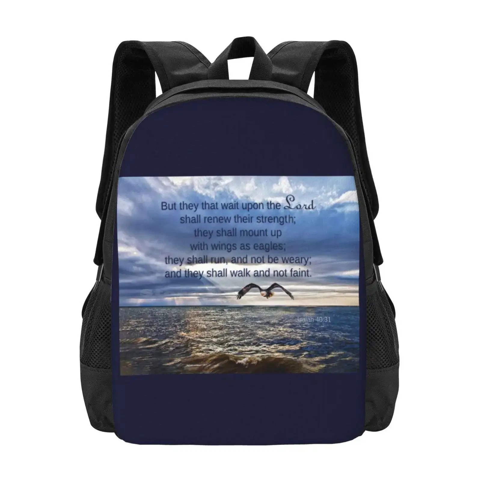 

They That Wait Upon The Lord Hot Sale Schoolbag Backpack Fashion Bags Kathy Weaver Eagle Bird Water Beach Sky Isaiah Bible
