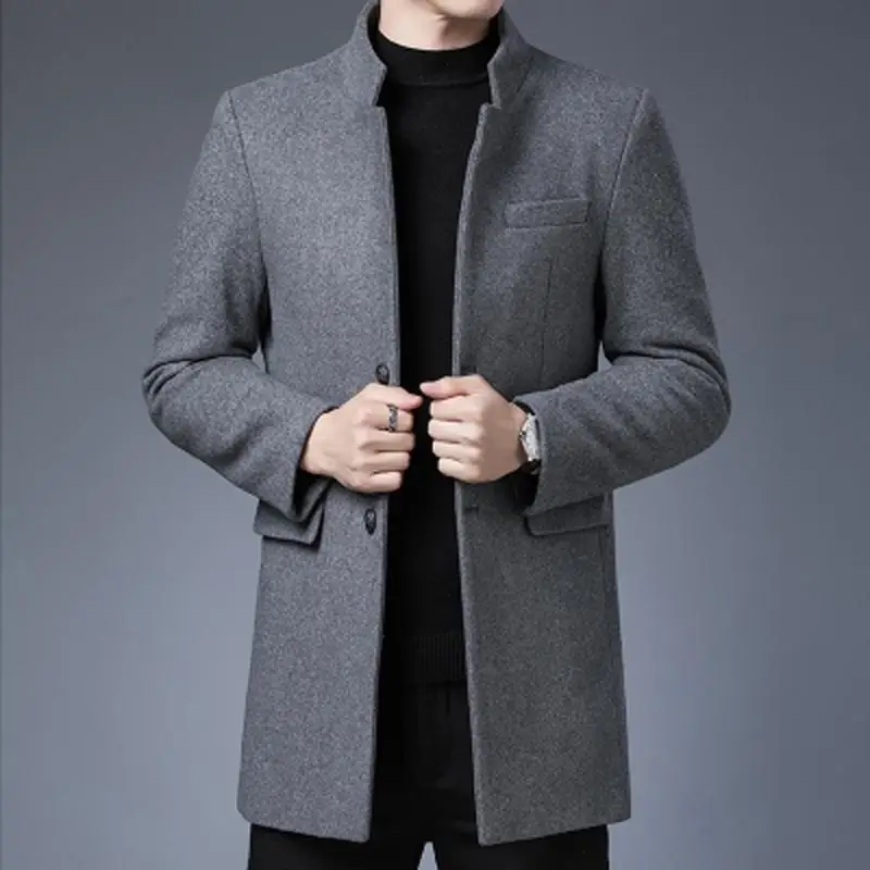 

Autumn Winter Wool Blends Coats Men Solid Color Stand Collar Smart Casual Woolen Mens Outerwear Fashion Trench Jacket Man Coat