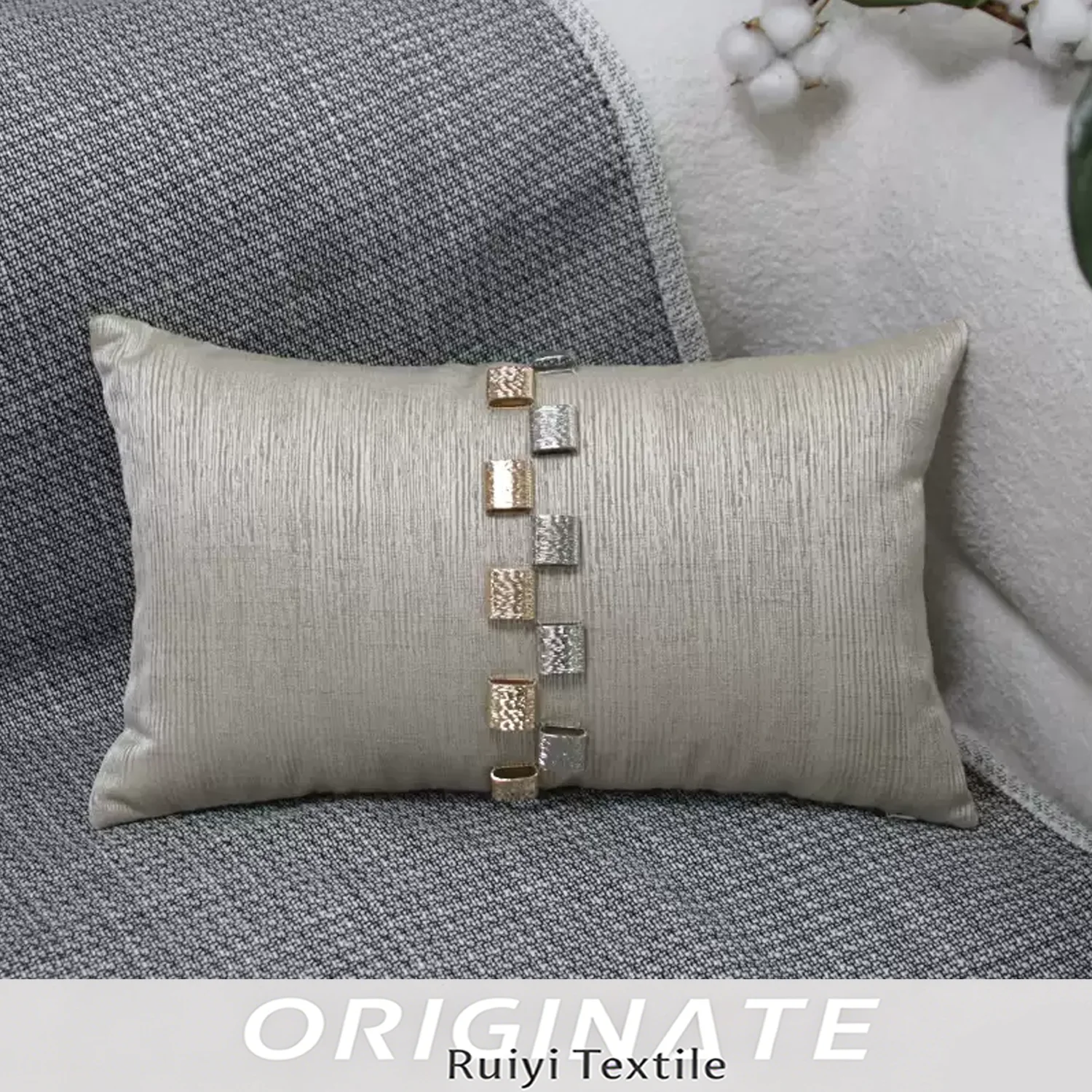 Modern Luxury Vertical Stripe Textured Satin Champagne Lumbar Pillow Cover with Metallic Square Ornament for Home Hotel Interior