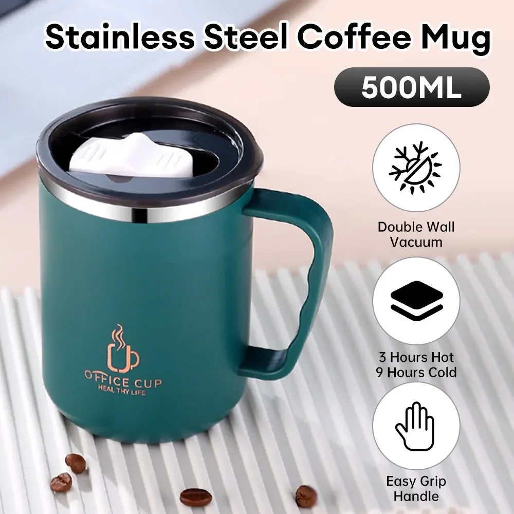 Double wall stainless steel warm coffee cup, insulation coffee milk mug with handle and lid, travel drink