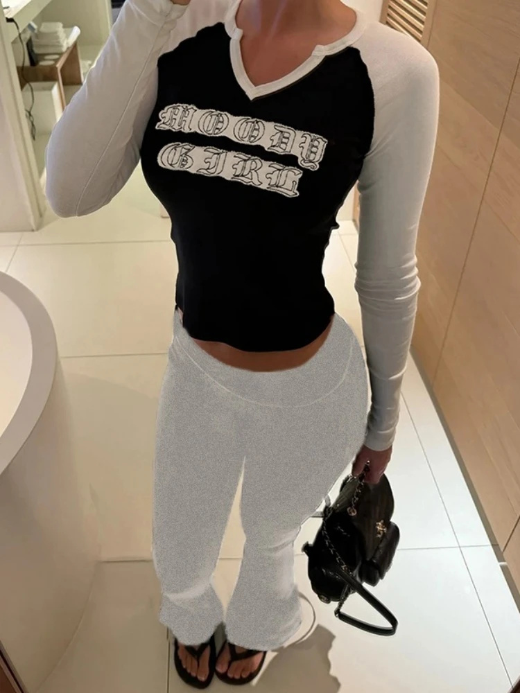 

Letters Printing Crop Top Flare Pants Set Conjuntos Feminino Elegante Long Sleeve Two Piece Set Women Outfits Ensemble Femme