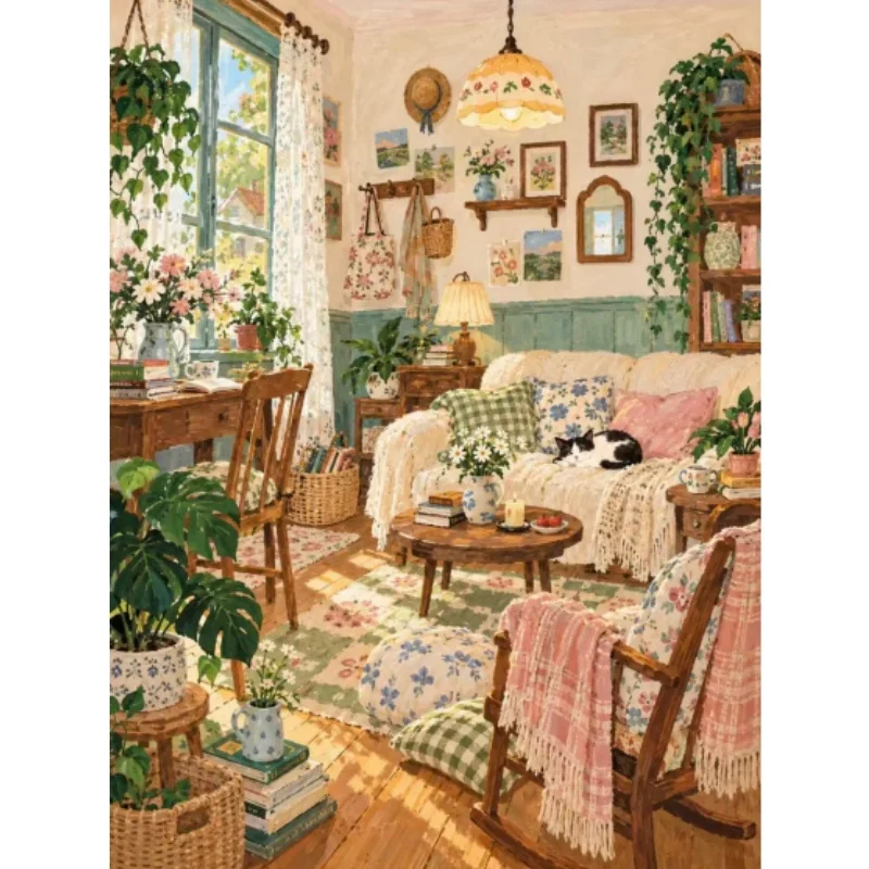 Diamond Painting Cozy Cottage Living Room Lazy Black White Cat Green Plants Flowers Mosaic Handmade Artwork Gift Home Decor