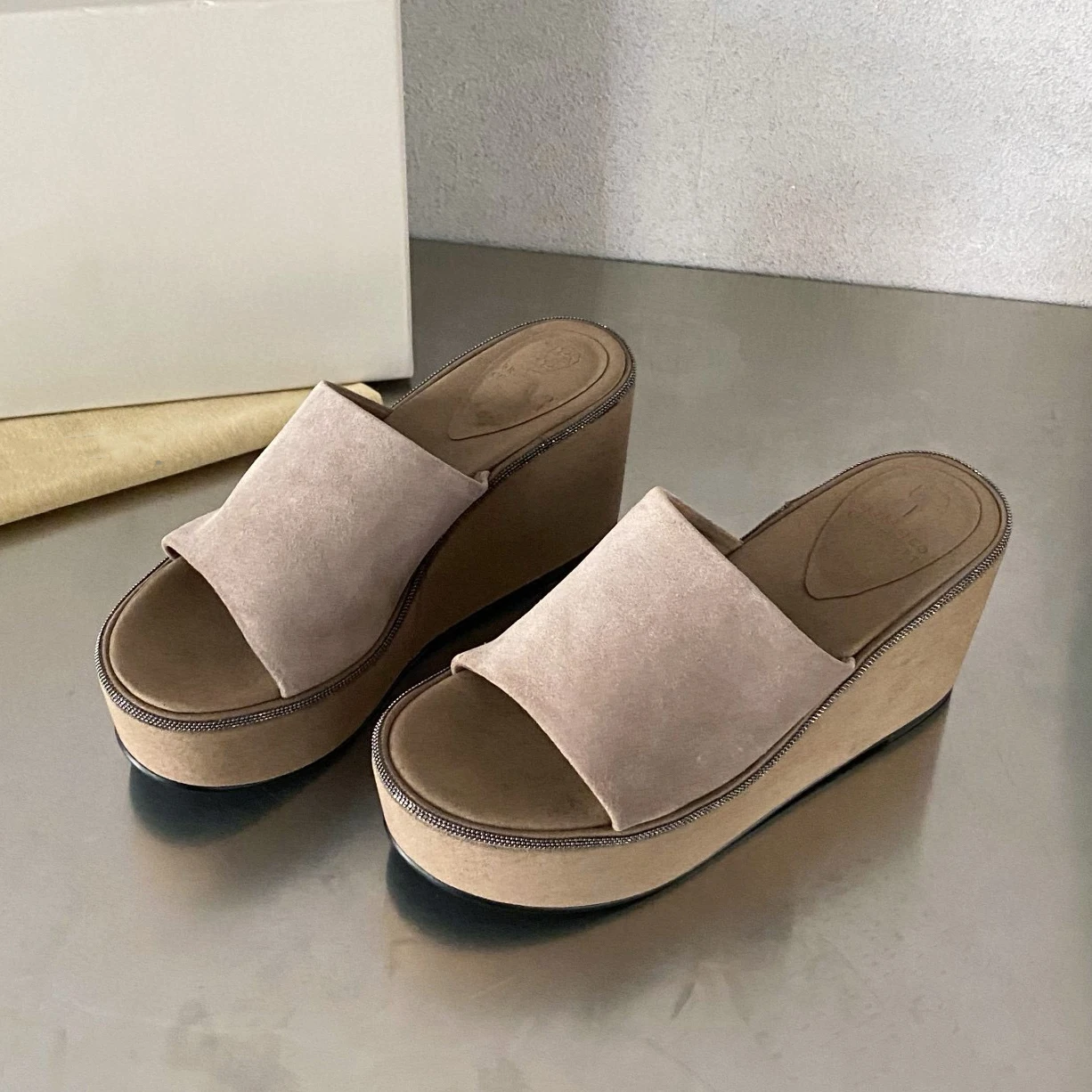 Summer genuine suede platform slippers