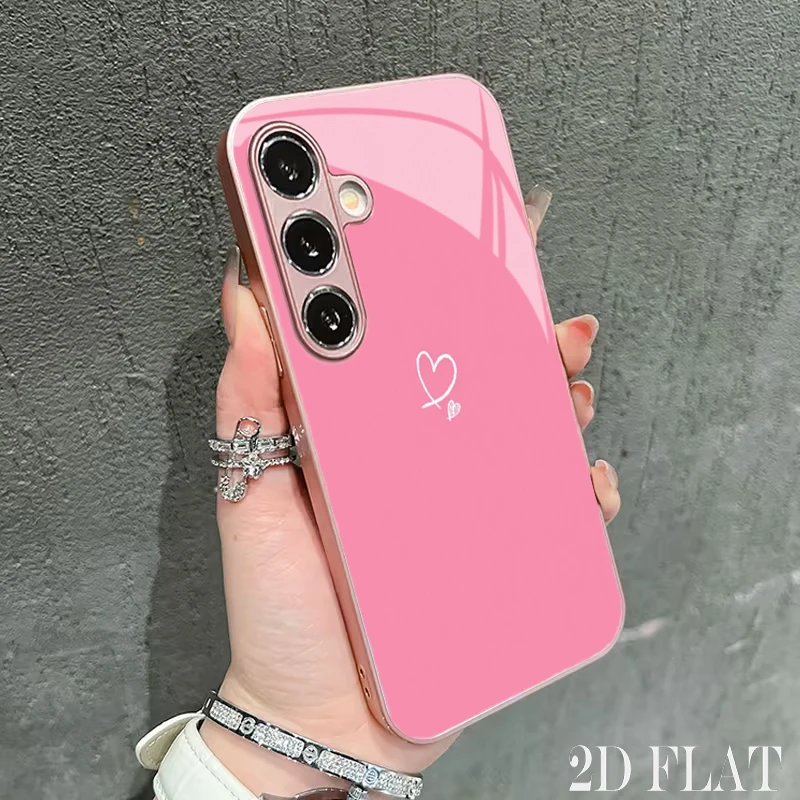 Bright Pink Double Hearts 2D Case for Samsung S26 S25 S24 S23 S22 S21 S20 A56, Pink Metallic Powder Glass Shockproof Cover