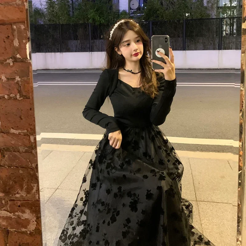 Black Dresses Women Gauze Square Collar Elegant Spliced Платье Женское Designer Aesthetics French Stylish Temper Sweet All-match