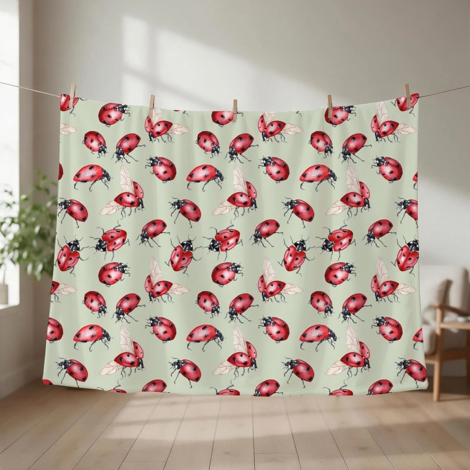 Watercolor ladybug repeating pattern -green Throw Blanket Vintage Designers halloween blankets and throws Blankets