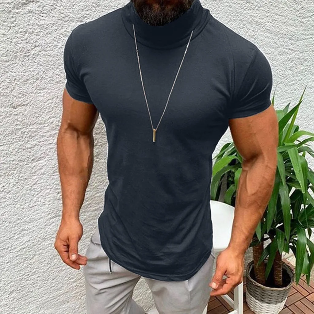 Turtleneck T Shirt Men Spring Summer Short Sleeve Bottoming Shirt Solid Pullovers Fitness Bodybuilding Gym Workout Tee Tops 2022