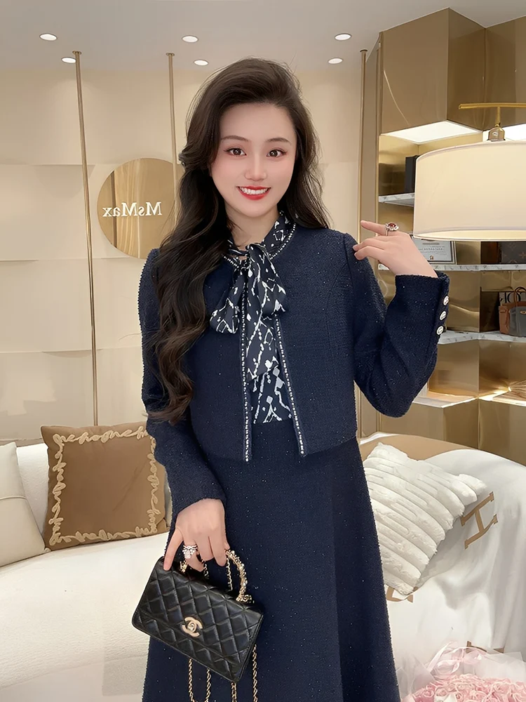 

Ele Blue Agate Long Sve Dr Women's Midi Dr with Sa Fake Two-Piece Design Breathable Wool Blend Spring Dr