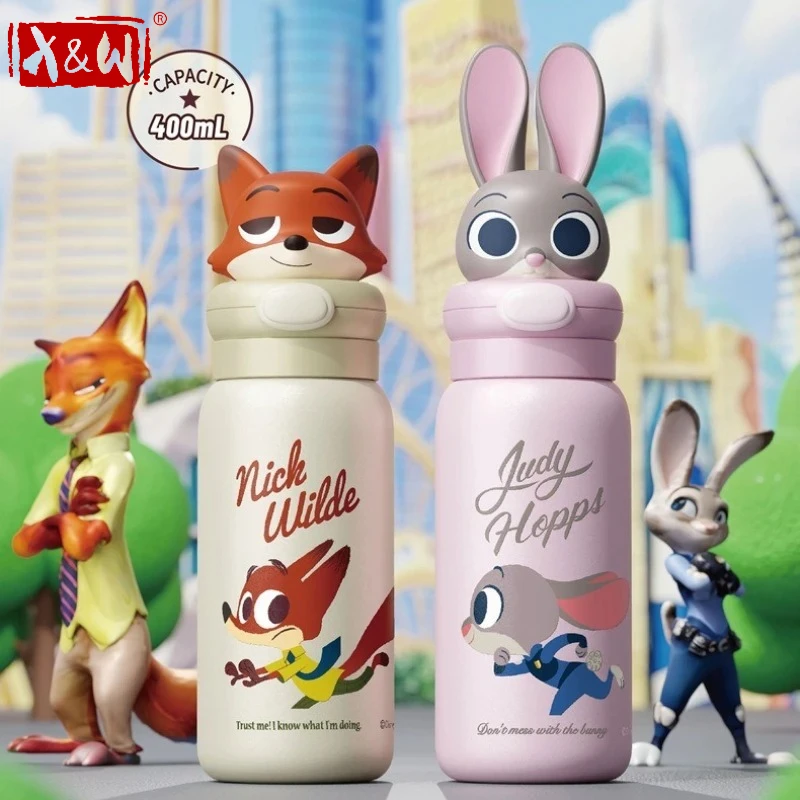 X&W 400ML for Disney Series Thermos 304 Stainless Steel Portable Handle Design PP Syringe Water Bottle Outdoor Camping Cups