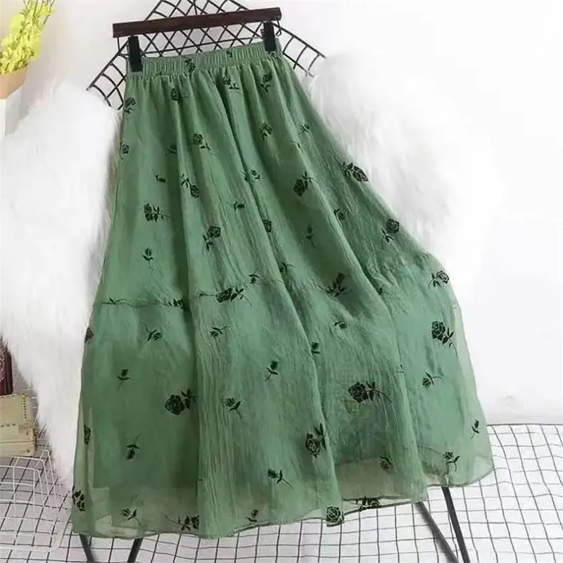 

2024, весна-лето, новые женские юбки из пряжи с карманами, флокированные розовые женские трапециевидные юбки с высокой талией, полутонкая юбка