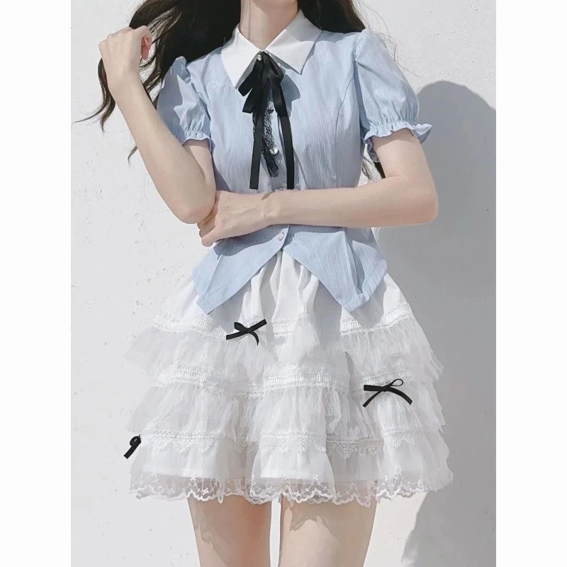 

Japan Korean Sweet Blue Bowknot Shirts Mini White Ball Gown Women Summer Blouse Skirts Two Piece Suit 2025 New Tops Skirt Outfit