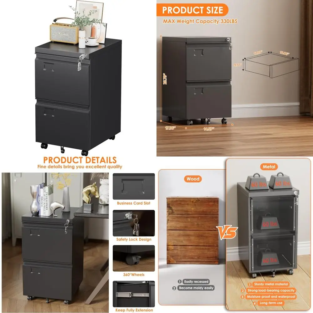 Home Office Metal File Cabinet with Lock, 2 Drawer Mobile Storage, Letter/Legal Size Filing, Desk-Underneath Organizer with Name