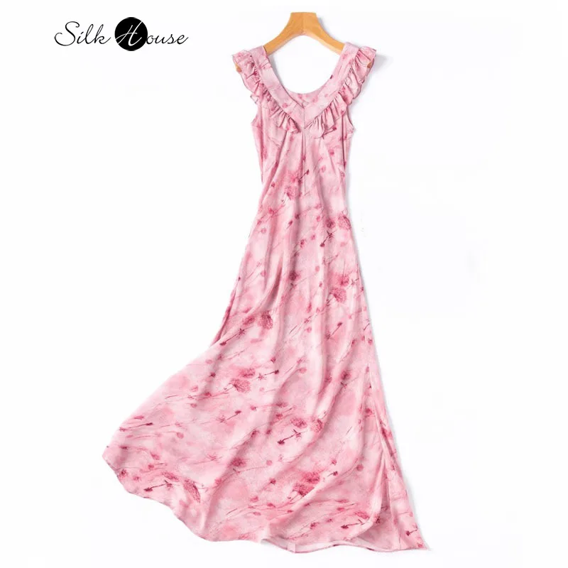 

1.4-meter-long 100% Natural Mulberry Silk Crepe De Chine Oblique Cut Sleeveless Vacation Style Women's Casual Printed Dress