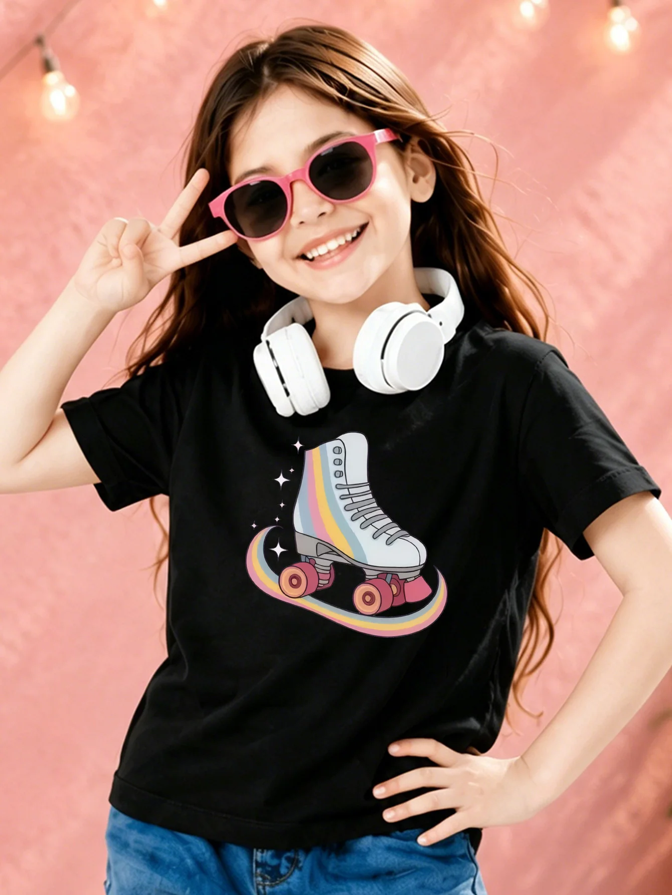 Rainbow Retro Roller Skate Sparkle Print Kids T Shirt Boys Girls Cotton Short Sleeve Parent Child Trendy Summer Casual Basic Tee