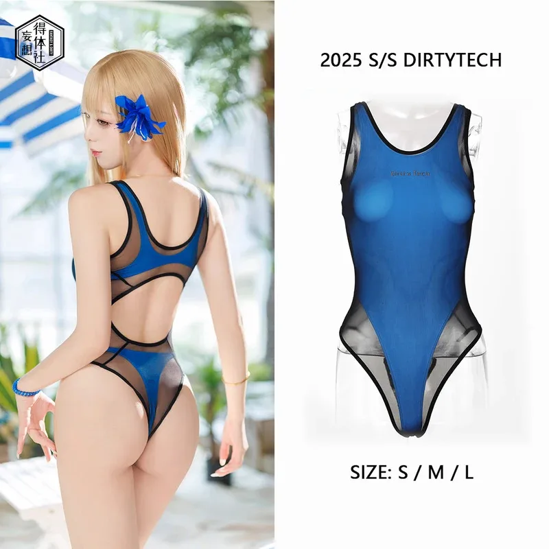 Dirtytech 섹시한 원피스 수영복 메쉬 투명 오버레이 하이 스플릿 레이싱 수영 애니메이션 Cos 섹시하고 귀여운 온천