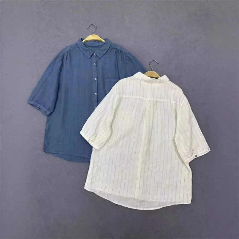 Johnature Summer 2024 New Forest Striped Linen Short Sleeve Shirt Casual Retro Loose Versatile Turn-down Collar Shirts