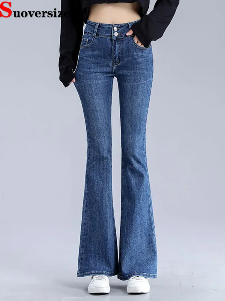 

Women Skinny Stretch Flare Jeans Korean Fashion High Waist Wide Leg Denim Pants Casual Vintage Solid Ankle Length Slim Vaqueros