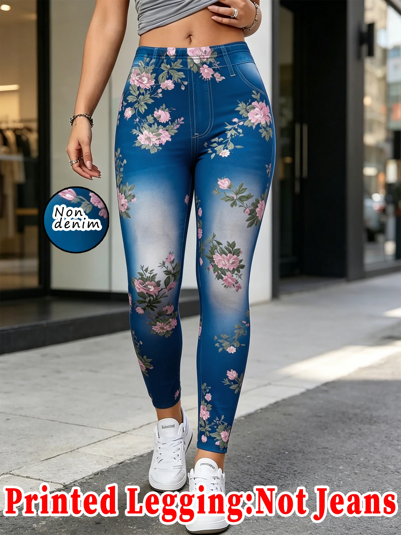 

【Non-Denim】Women's Faux Denim Print Leggings, Sports Casual Skinny Pants, Thin Soft Skin-Friendly Yoga Pants, All-Season Long Pa