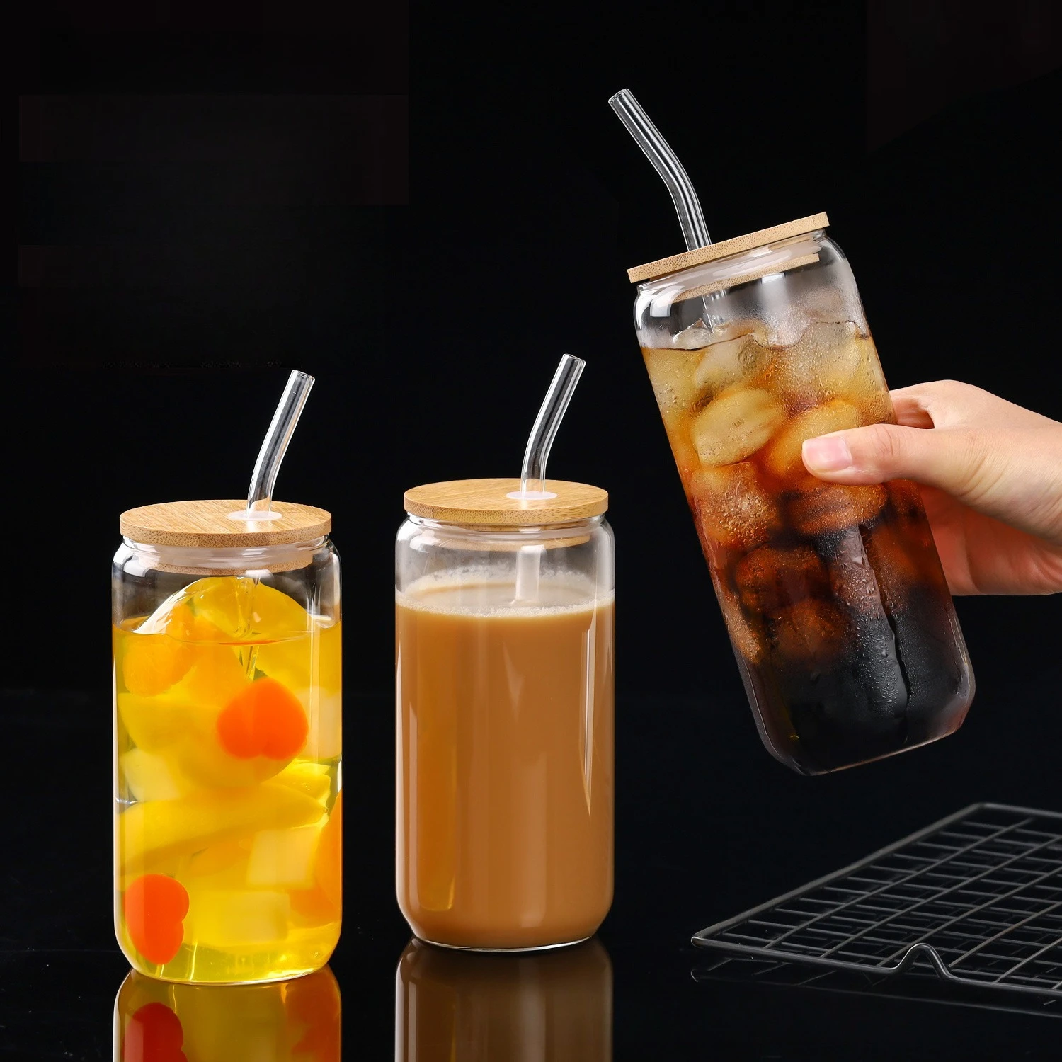 

16oz Borosilicate Glass Cup Heat Resistant Cola Cup Beverage Juice Milk Tea Drinking Cup with Bamboo Wooden Lid