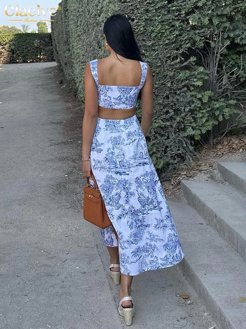 Clacive Summer Slim Print Skirt Sets For Women 2 Pieces 2024 Sexy Sleeveless Crop Top With High Waist Long Skirts Set Streetwear