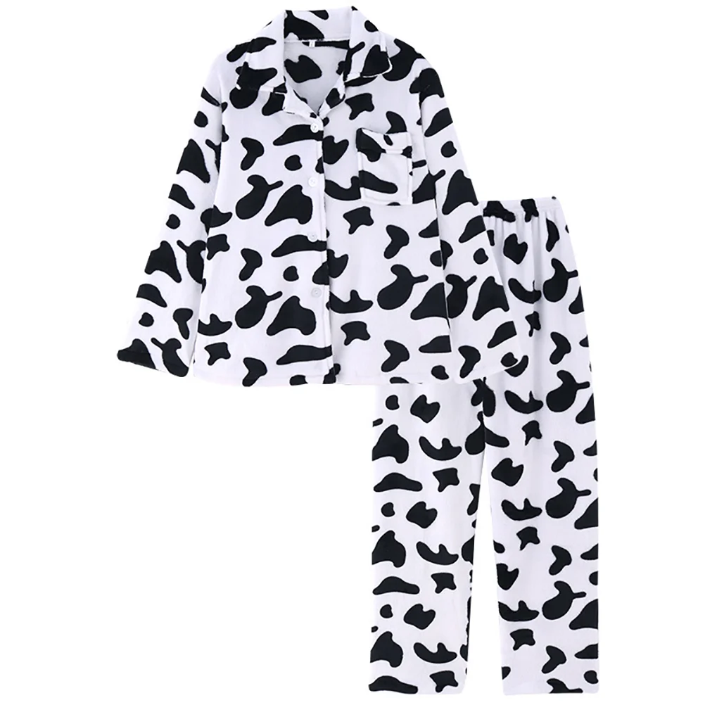 

Women's Cow Pajamas Smooth Texture Pyjamas Nightwear Long Sleeve Sleepwear Set Woman Lightweight Lapel Design