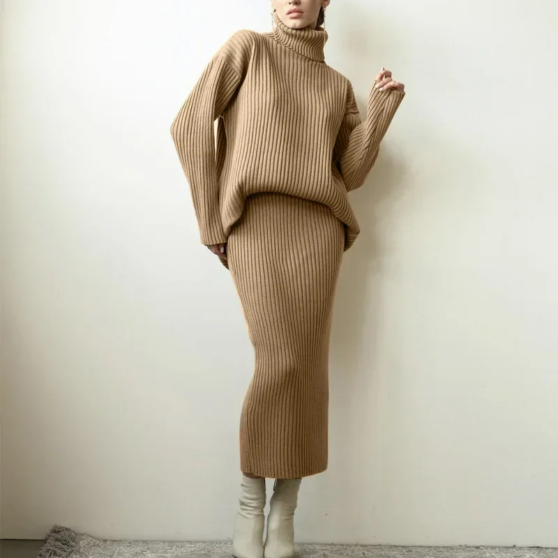 

Women's New Fall/winter Fashion Knitted Pit Strip Turtleneck Long Sleeve Sweater + Half Body Skirt Loose Warm Knit Suit Women