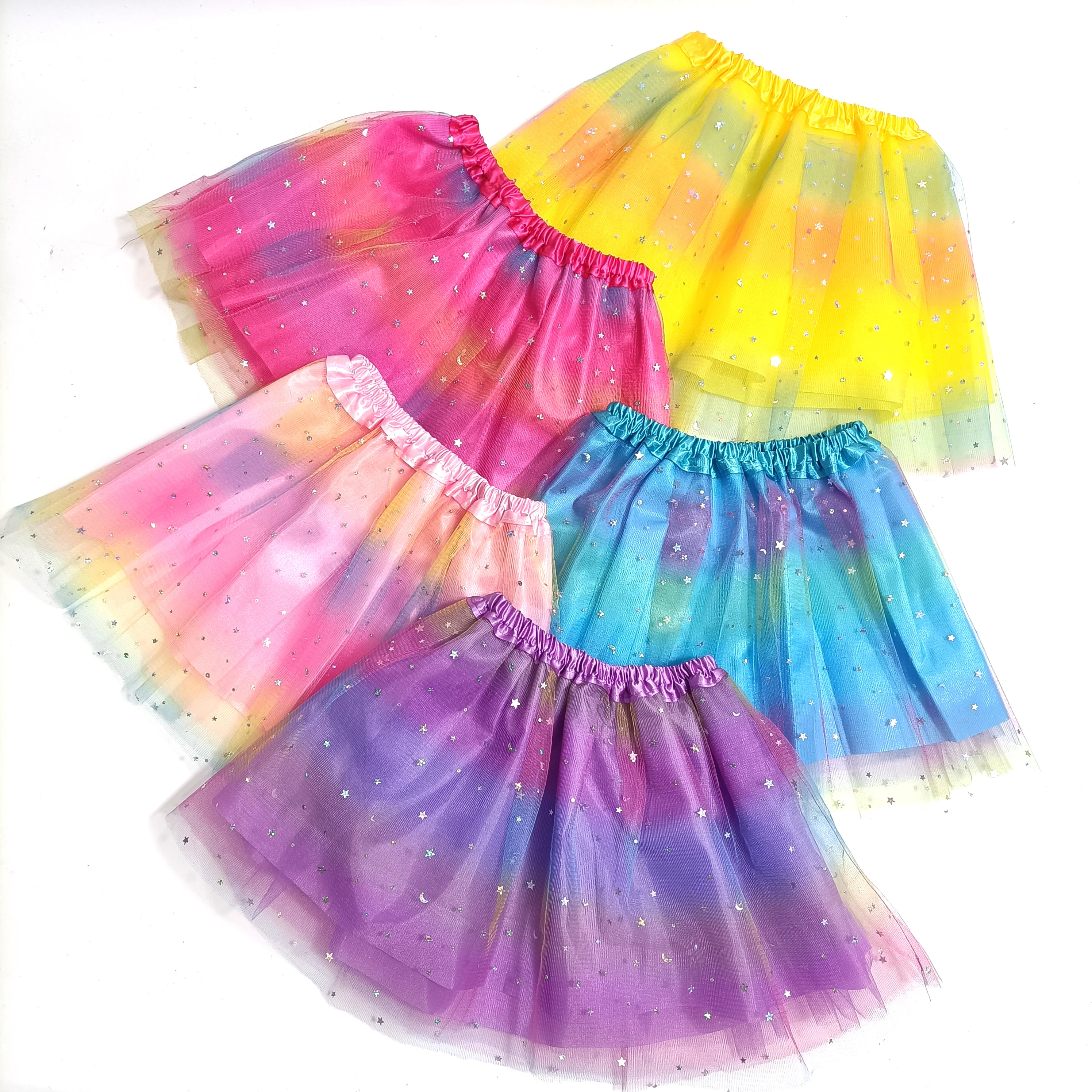 Gradient Color Mesh TUTU Skirt with a Small Short Skirt Featuring Sparkling Stars and Moon Patches