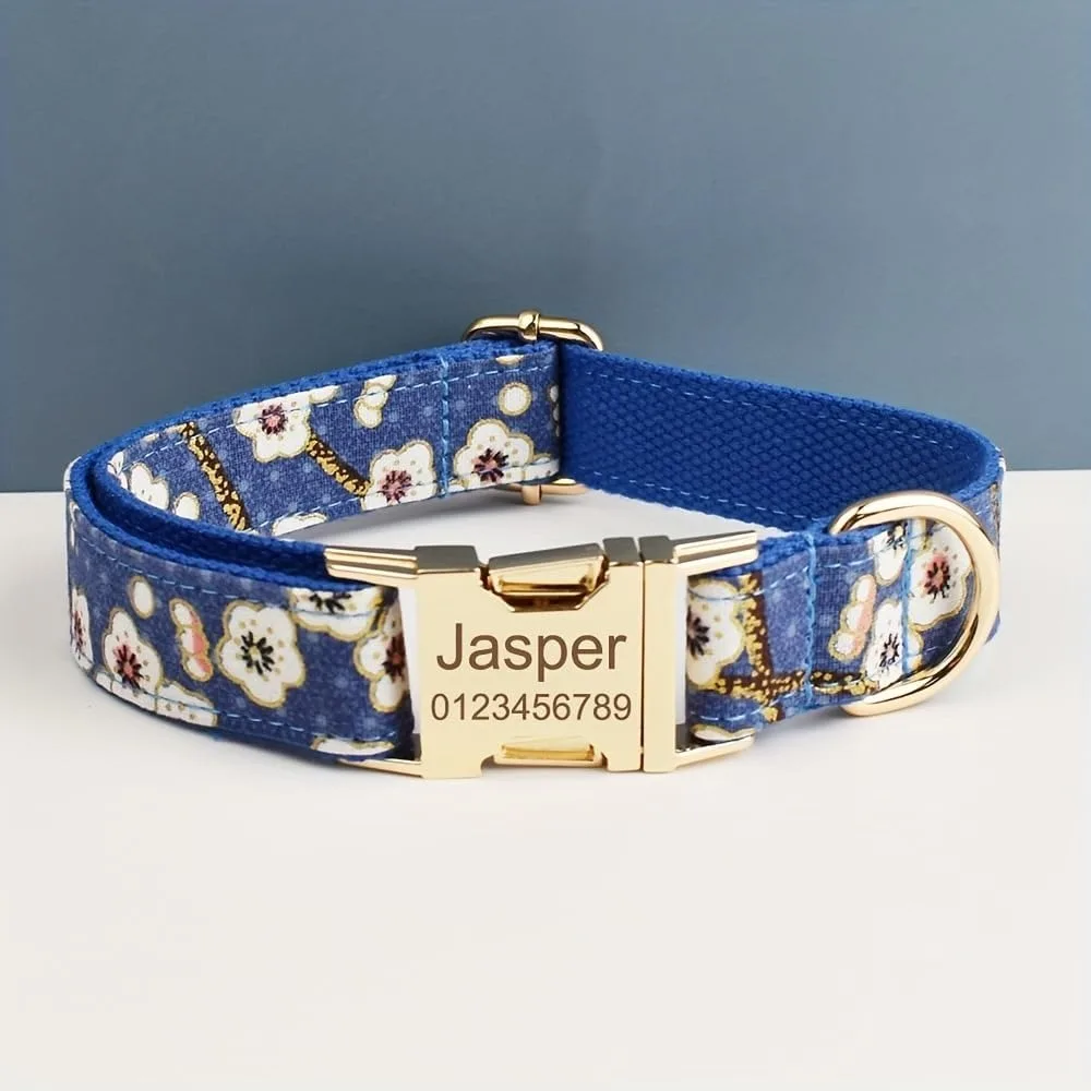 Personalised Dog Collar Floral Pet Collar with Nameplate Quick-Release Metal Buckle Engraved Name Phone Number