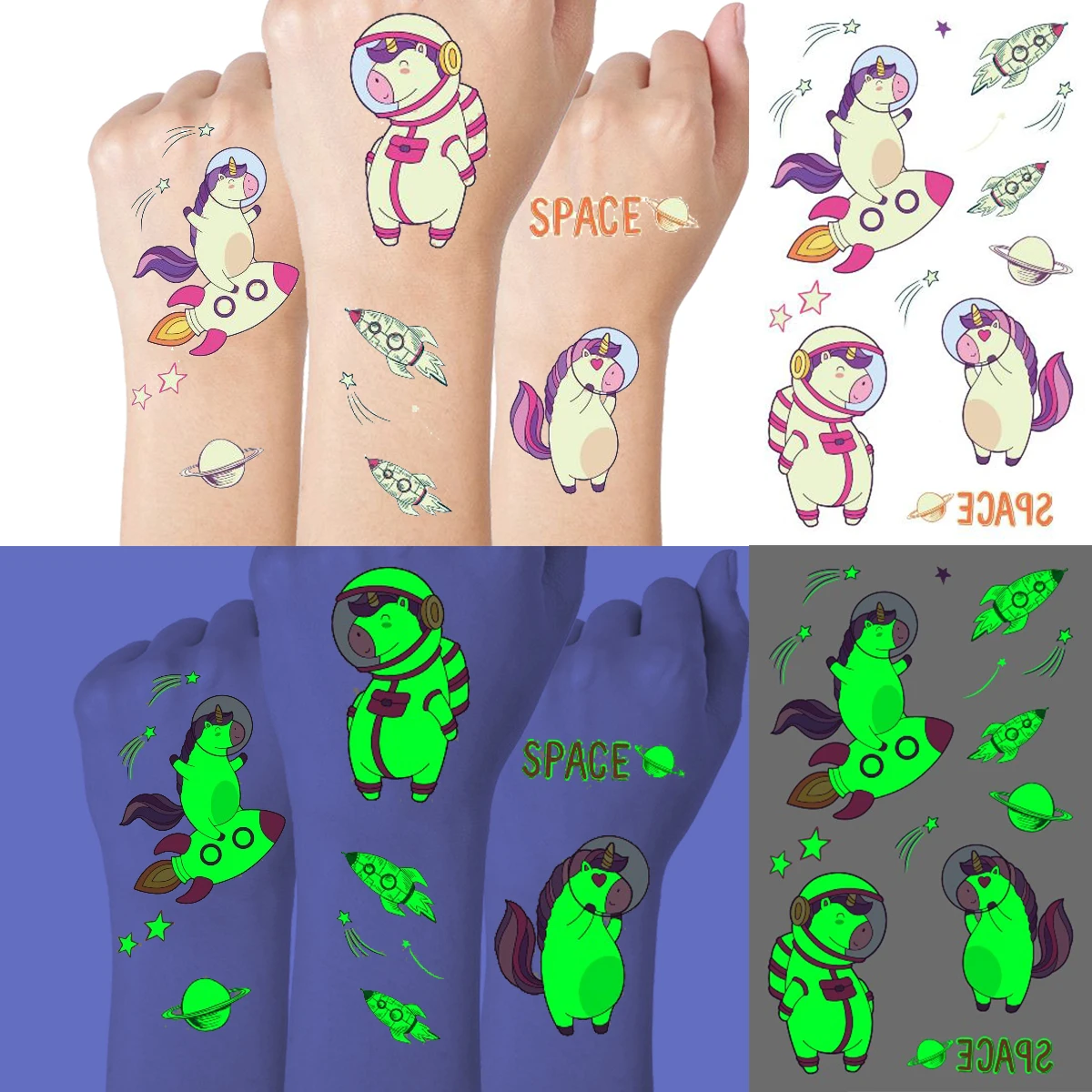 Luminous Unicorn Temporary Tattoos For Girls Child Glow In Dark Mermaid Waterproof Fake Tattoo Sticker Teens Body Marine Tatoos