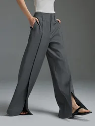 Freeacy-pantalones de traje Formal para mujer, pantalón de cintura alta, pierna ancha, largo hasta el suelo, pantalones divididos para oficina, pantalones de viaje diarios