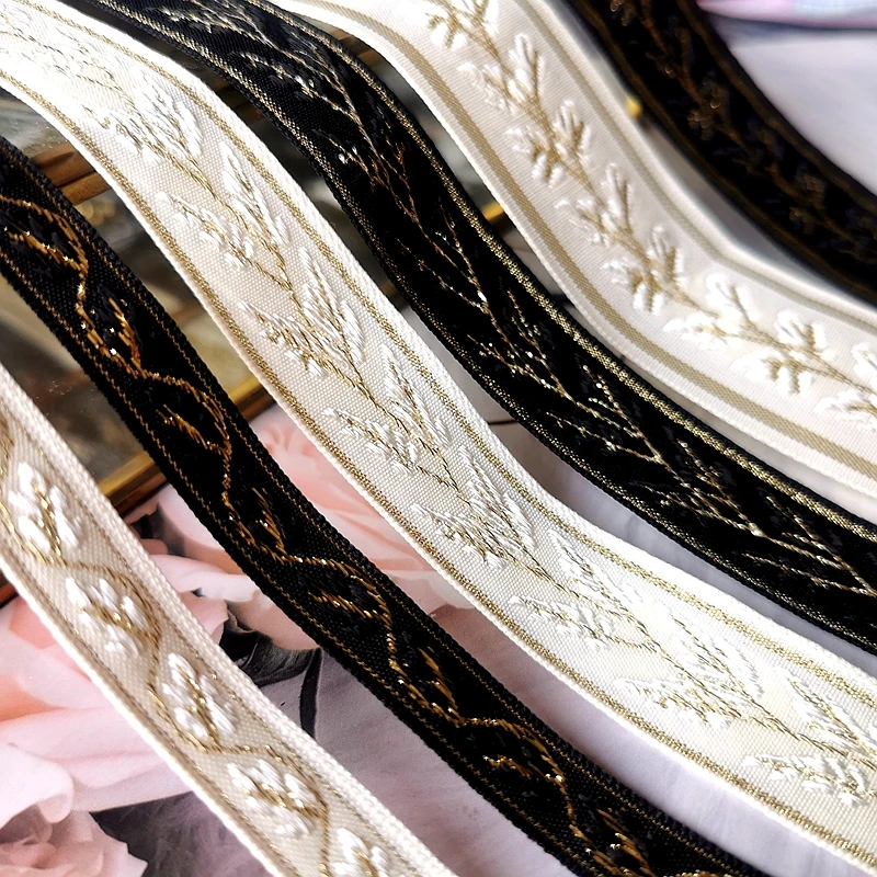 5Yards 12MM 20MM 40MM Black And White Base Color Golden Thread Branch Jacquard Ribbon