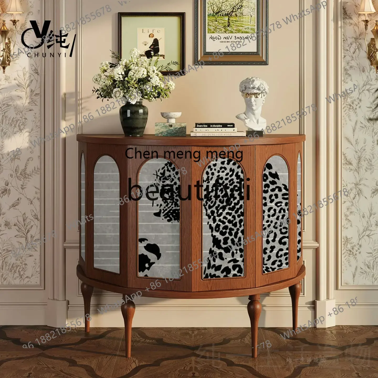 A32 Vintage Style Solid Wood Entryway Cabinet French Half-Round Side Cabinet Living Room Wall-Mounted Storage Decorative Cabinet