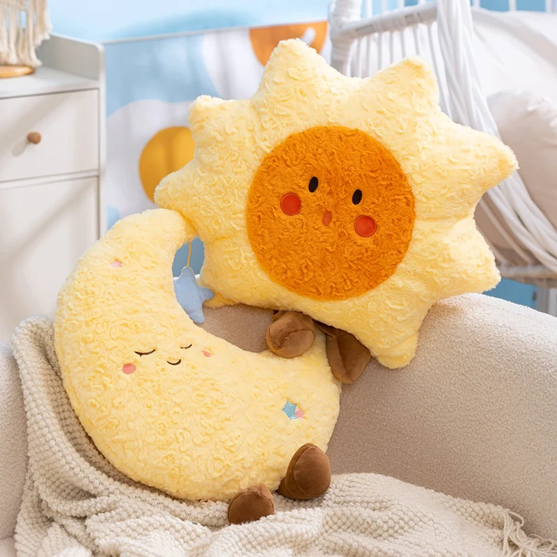 45cm Niedliches Plüsch-Dekokissen, Gefülltes Sonne-Mond-Kuscheltier, Umarmbares Schlafkissen, Mädchengeschenk