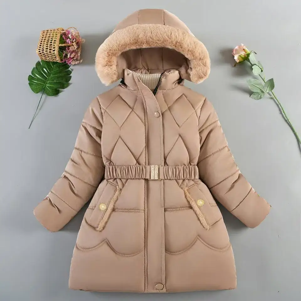 -20°C Winter New Plush Girls Jacket Long Solid Color Plush Padding Hooded Coat For 5-10Y Teen Girls Thick Warm Down Snowsuit
