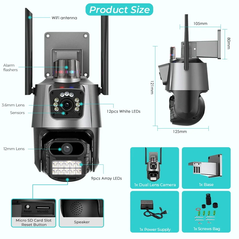 8MP Wifi Camera PTZ 8X Digital Zoom Night Vision Dual Screens Outdoor 4MP Security Protection CCTV Surveillance IP Camera