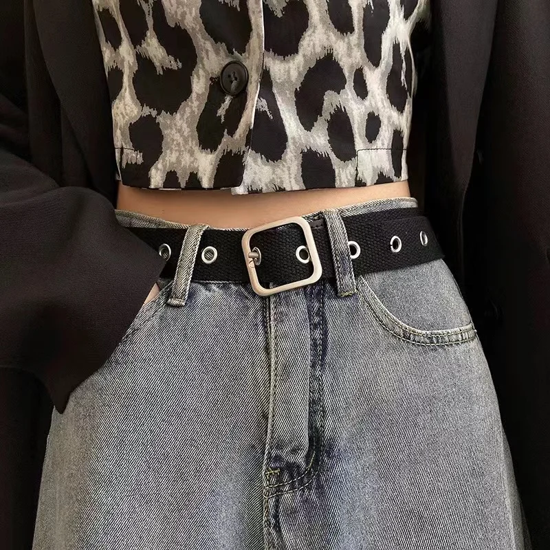 Belt for women in summer, Korean hollowed out full body with holes paired with jeans, student canvas, black, simple, non perfora