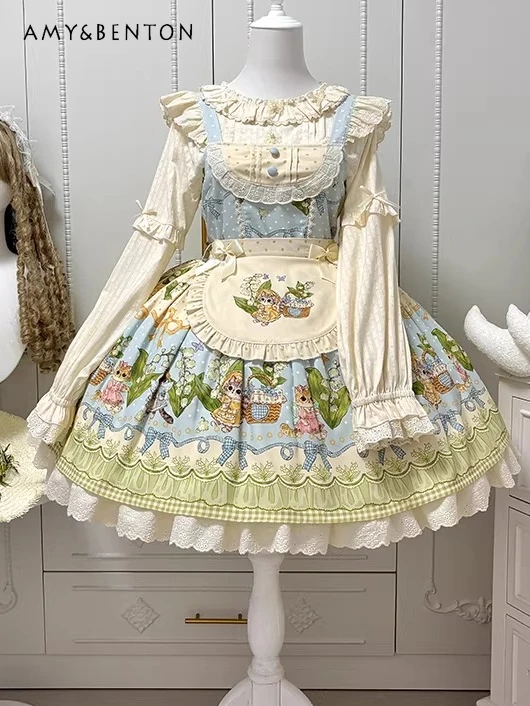 

Elegant Pastoral Style Flower Cat Print Lolita Dress Cute Girl Jsk Classic High Waist Slim Princess Tutu Dress Evening Dresses
