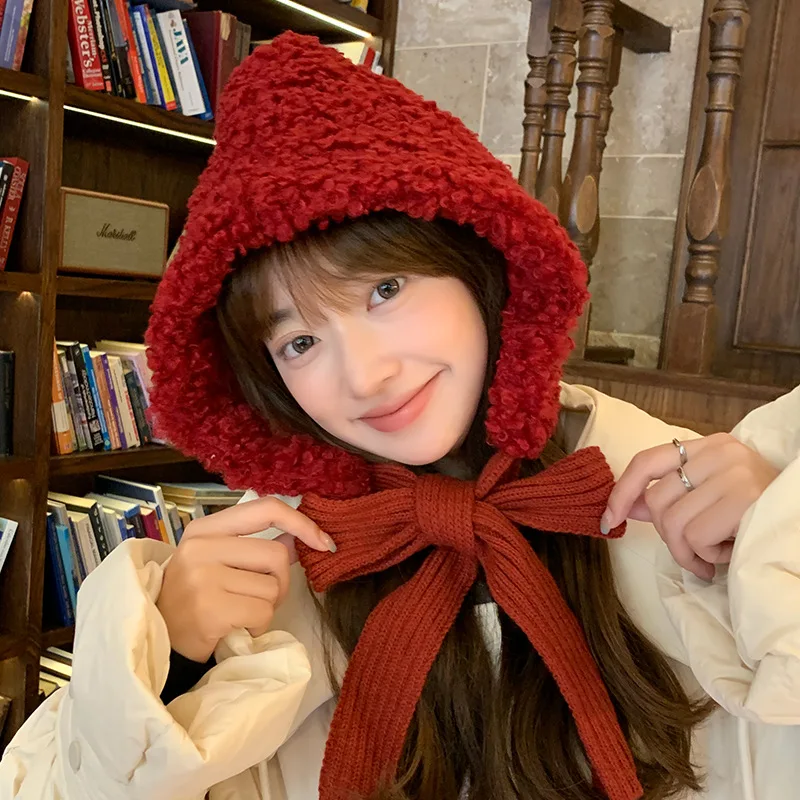 Cute Red Knitted Hat with Ties Ear Protection Warm Christmas Style Women's Autumn Winter Fashionable Cozy Cable Knit Cap