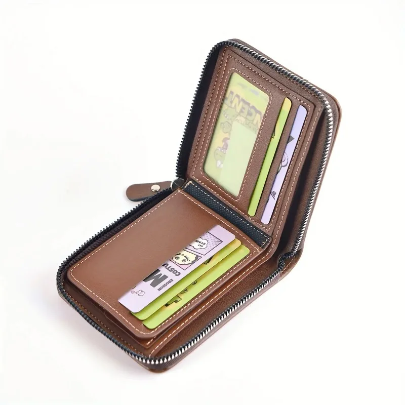 Men's Wallet Made of PU Wax Oil Skin Purse for Men Coin Purse Short Male Card Holder Wallets Zipper Around Money Coin Purse image 3