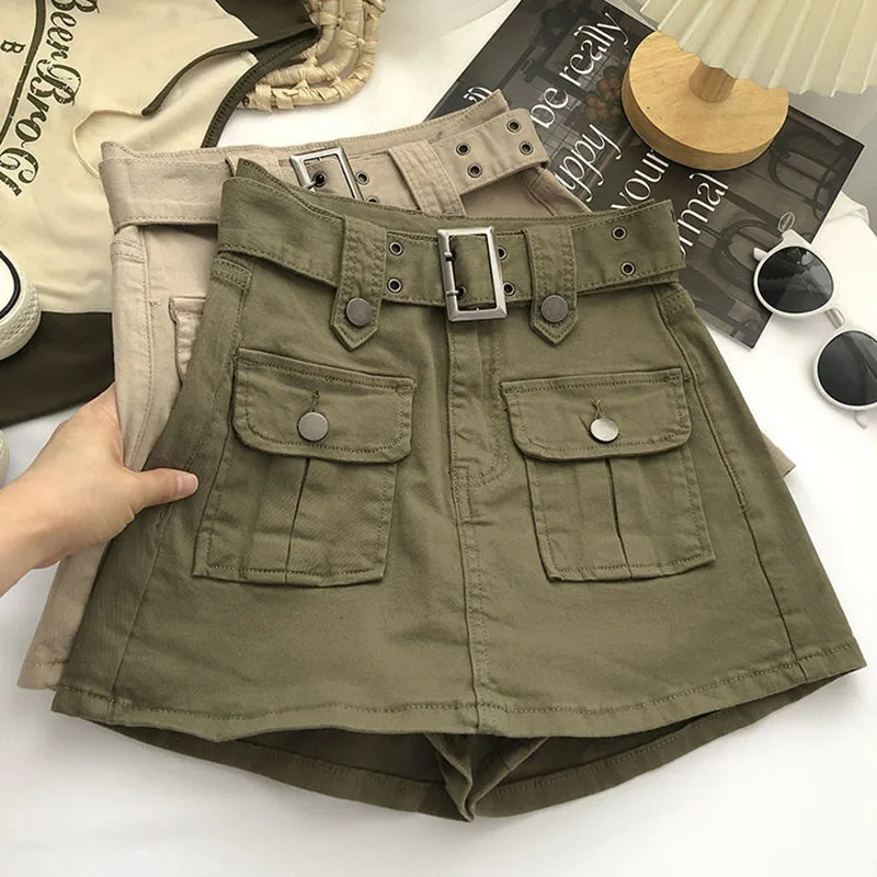 Saia jeans verde vintage feminina de carga, bolso grande, cinto, minissaia, calça curta coreana de cintura alta feminina, primavera, verão, Y2K, 2023