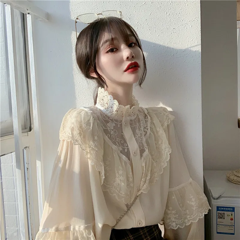 Spring Sweet Loose Women Clothes Korean Ruffled White Blouse Fashion Stand Collar Lady Tops Vintage Long Sleeve Lace Shirt 11335