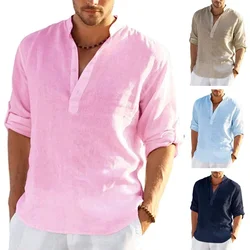 New  Men's Linen Long Sleeve Shirt Solid Color Casual Cotton Linen Shirt Tops Size S-5XL