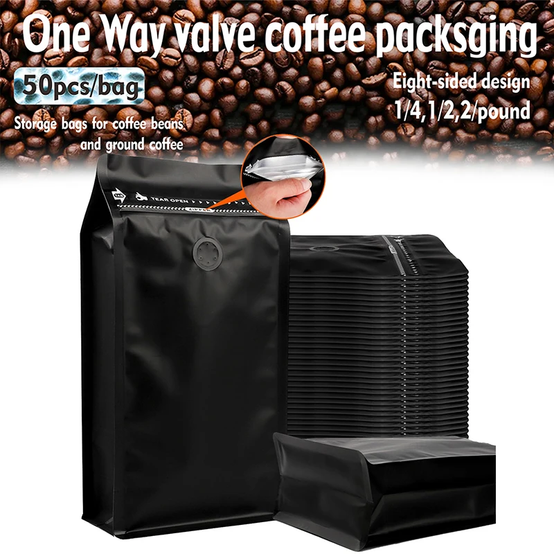 

50-Pack Stand-Up Coffee Pouches with Degassing Valve & Zipper - Airtight Bags for Whole Beans, Ground Coffee & Tea