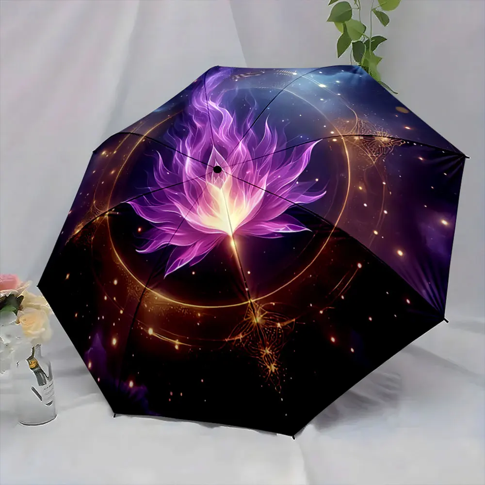 Mystical Purple Flame Lotus with Cosmic Night Background portable waterproof sun rain umbrella for outdoor travel beach