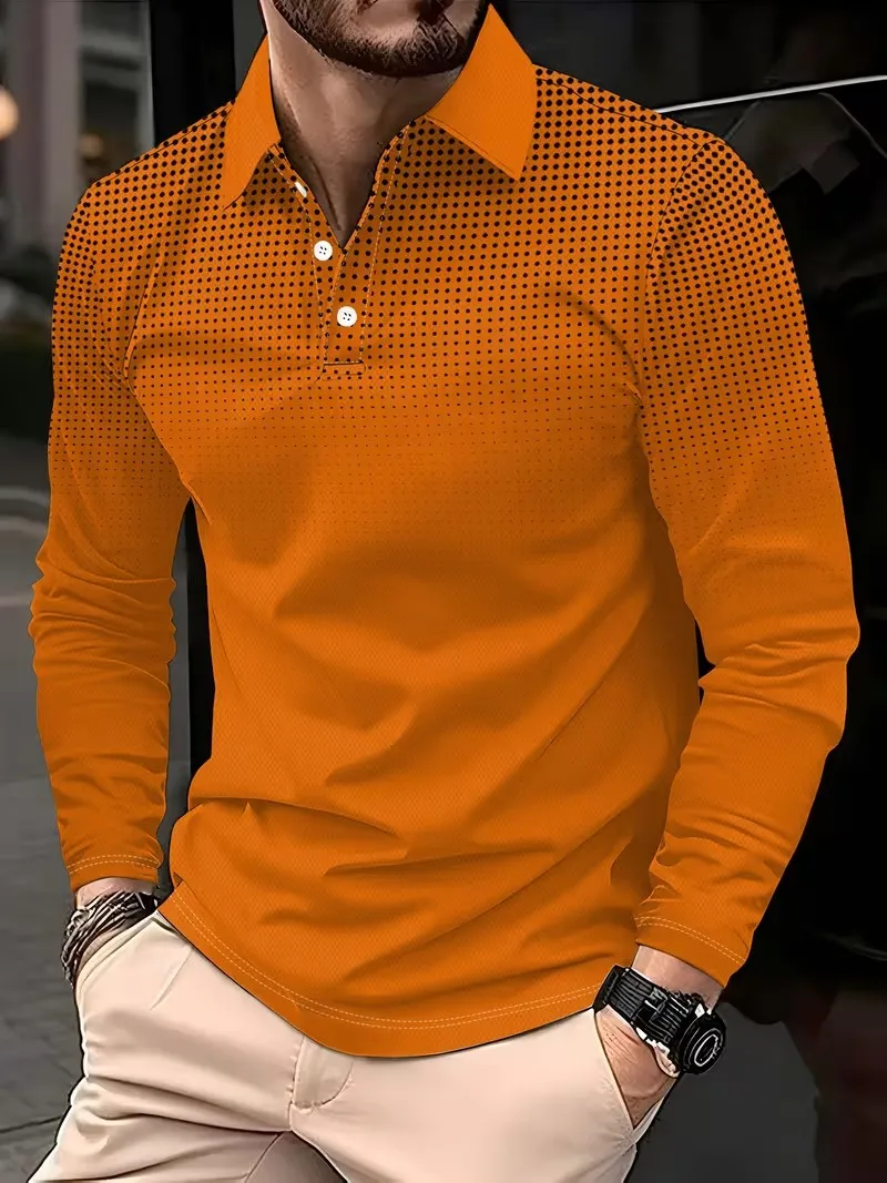 2026 autumn and winter men's new long sleeved POIO shirt, 3D printed fashionable flip tie button fashion trend men's POIO