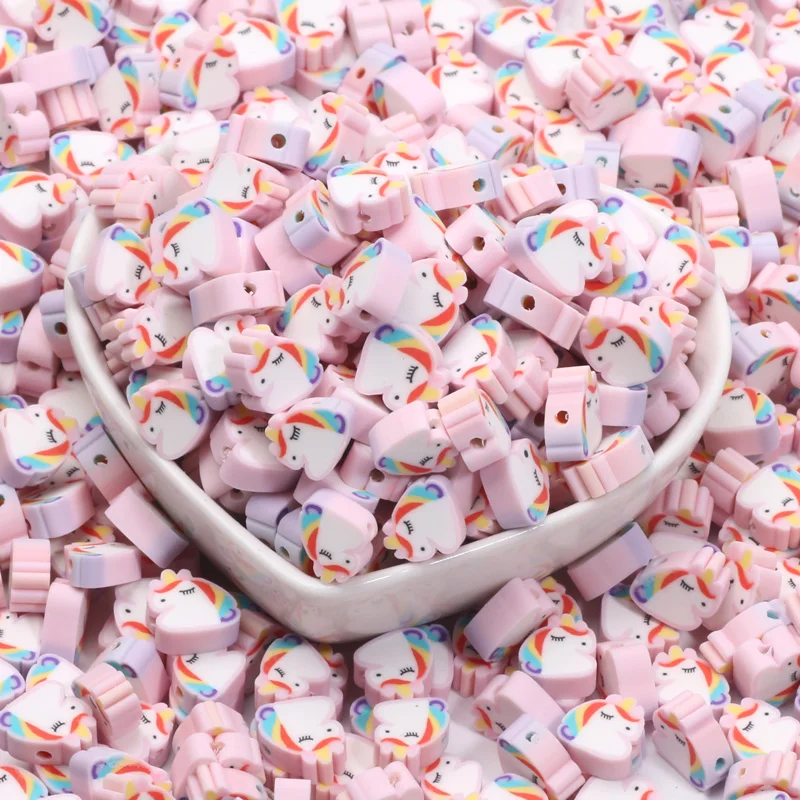 20/50/100pcs 10mm Cartoon Unicorn Polymer Clay Beads Loose Spacer Beads For Jewelry Making Bracelet Necklace DIY Accessories