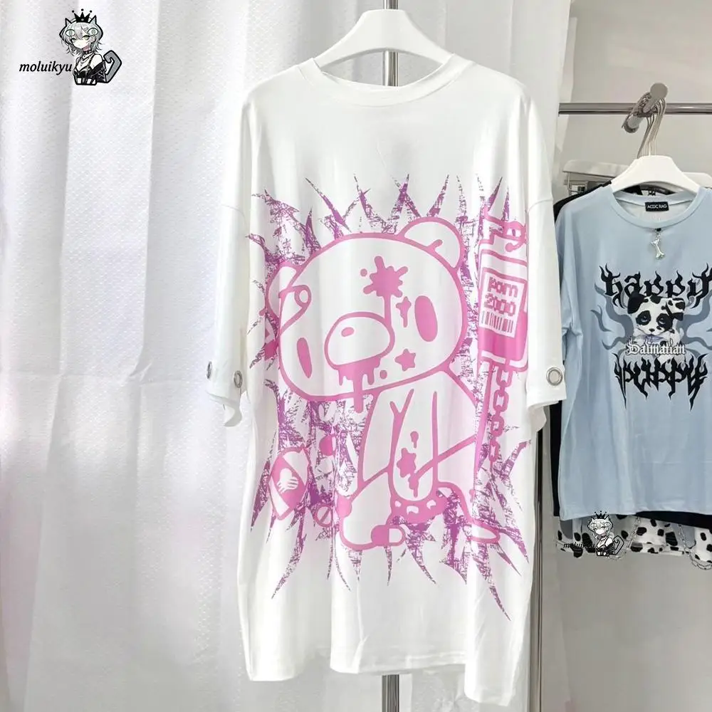 Japanese Dark Oversized Subculture Short-Sleeved T-Shirt Red Black Contrasting Colors Cartoon Print Crew Neck Gothic Y2K Tops