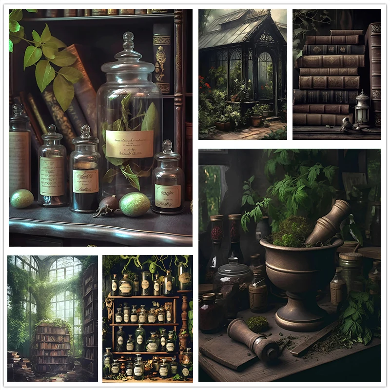 Dark Academy Antique Greenhouse Pharmacy Plants Still Life Art Poster Canvas Painting Studio Laboratory Wall Decoration Painting