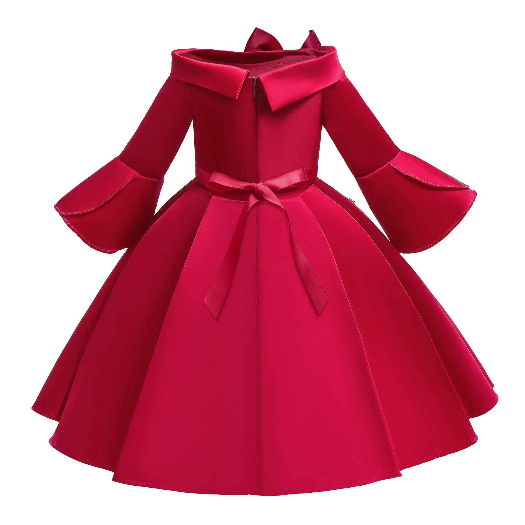 Long Sleeve Red Satin Halloween Costume For kids Flower One Piece Gown Girls Birthday Party Dresses Holiday Autumn Frocks 2-10Y